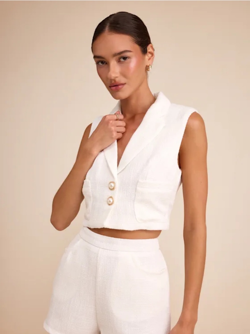 Lulu's Perfect Company Ivory Tweed Sleeveless Cropped Blazer with Pearl Buttons